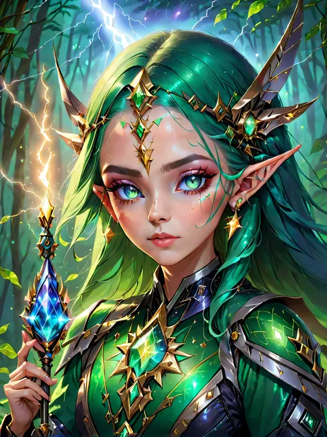 (portrait)，cowboy shooting, portrait of a female elf，A unique blend of magical and futuristic mechanical themes，((Hand-held mechanical gemstone wand，Cast lightning magic，Show your enchanting beauty))。Her facial features are very beautiful，Pointy ears and c...