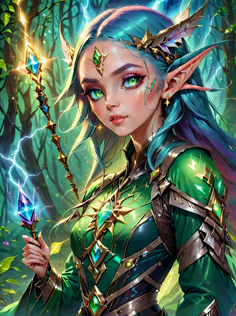 (portrait)，cowboy shooting, portrait of a female elf，A unique blend of magical and futuristic mechanical themes，((Hand-held mechanical gemstone wand，Cast lightning magic，Show your enchanting beauty))。Her facial features are very beautiful，Pointy ears and c...