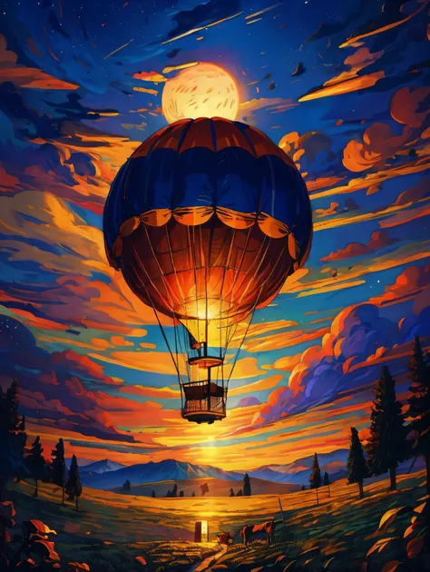 (epic paper drawing) of a (big) hot air balloon, romantic magical flows, starry moonlit night, gothic castle, mountains