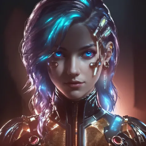 (best quality,8k,highres,masterpiece:1.2),cyberpunk,portrait,fancy hair,colorful eyes,clean skin,female warrior,vivid colors