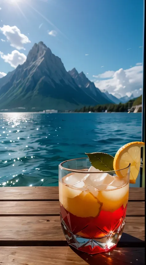 Die Sonne im Kristallglas am Meer, vor dem Hintergrund der Berge, a glass of regular classical shape, opened from above, Unten, neben dem Glas, ist eine rote Rose, Hochwertige, realistische Fotografie