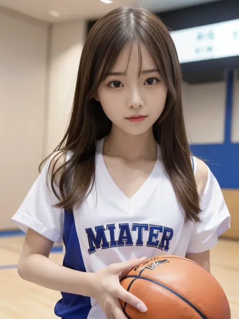 (超Realisticな)、(High resolution)、(8K)、 (very detailed)、(Ultra clear skin pores)、(highest quality、master piece:1.3)、Beautiful girl in basketball uniform、On the basketball court，Playing the Basketball，1 female、Mid summer、（Chiayi：1.5）， Close-up， master piece， ...