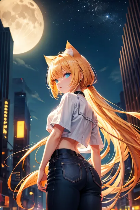 Top quality, high resolution, perfect human structure, background focus, from below, glowing hair, cat ears, blonde hair, short cut, near future, casual clothing, neon, neon colors, fighting, near future, city, colorful, night, moon, gradient eyes, swept b...