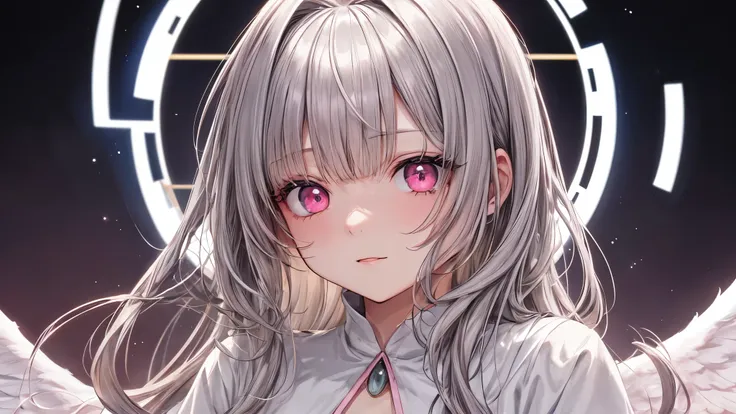 girl with、No background、without background、Background through、Gray hair、Gray hair、greyt hair、The long-haired、Subject bangs、Pattsun bangs、Aligned bangs、Sareme、Sauce order、Pink eyes、Pink eyes、robe blanche、White Dress、angelicales、Circle of Angels、White feathe...