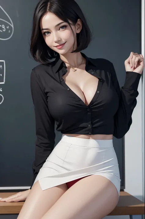 8K,woman  in front of the blackboard,short bob, realistic skin,red blouse,black skirt,School class,photorealistic hot secretary, elegant cinematic pose, realistic shaded perfect body, realistic, ultra realistic picture, [ 8K photorealism ]!!, [ 8K Digital ...