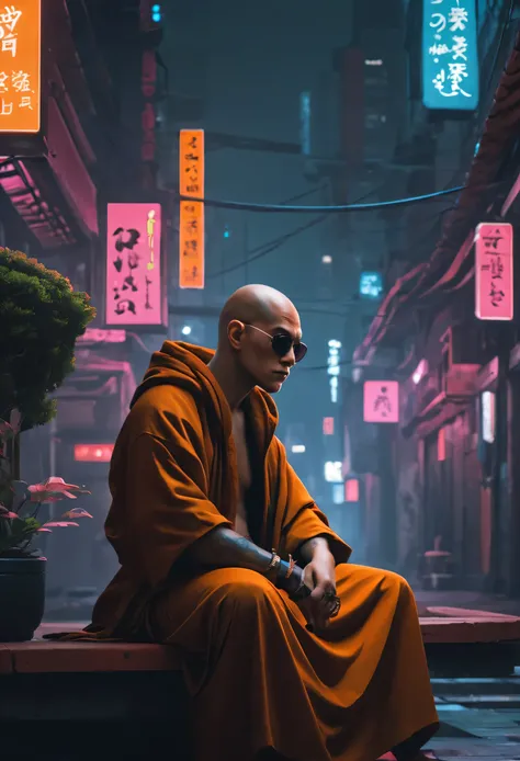 cyberpunk, monk, chillin in the city