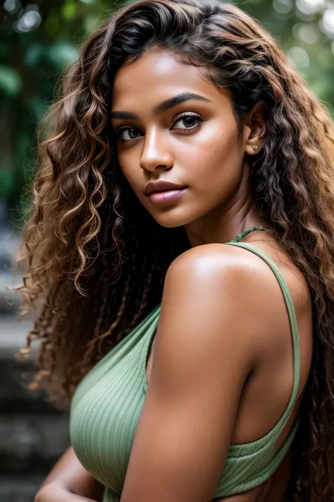 Masterpiece. Best quality, brown-skinned young woman with green eyes and curly hair posing for a picture, soft portrait shot 8 k, beautiful young girl, beautiful portrait image, photo of a beautiful woman, perfect face and eyes, gorgeous face portrait, bea...