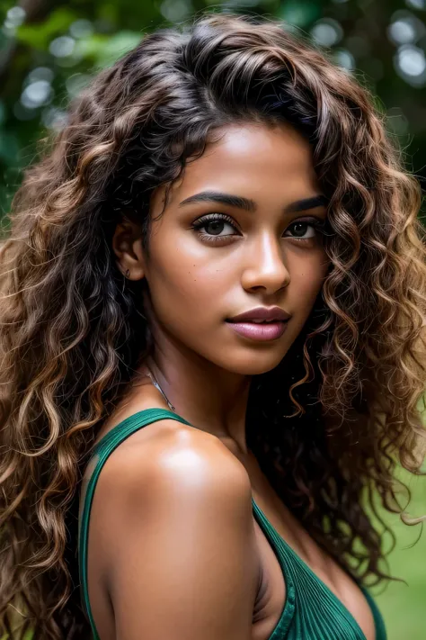 masterpiece. best quality, brown-skinned young woman with green eyes and curly hair posing for a picture, soft portrait shot 8 k...