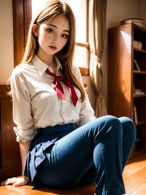 ((dark blue sock loafers)blonde、((I can see my pants))(Crouching panty shots)double eyelid　Lazy detailed eyes、super detailed、High resolution、transcendental beauty　highest quality、masterpiece、、(Japanese girls&#39; high school uniform))、very detailed express...