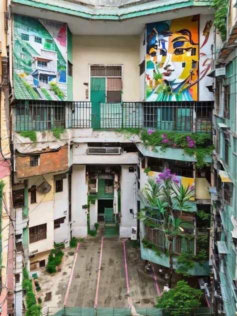 there  a building with a balcony and a balcony with a painting on it, bengal school of art, masterpiece work of art, private academy entrance, taken with a canon dslr camera, school courtyard, entrance, above view, mural art, building facing, wall painting...