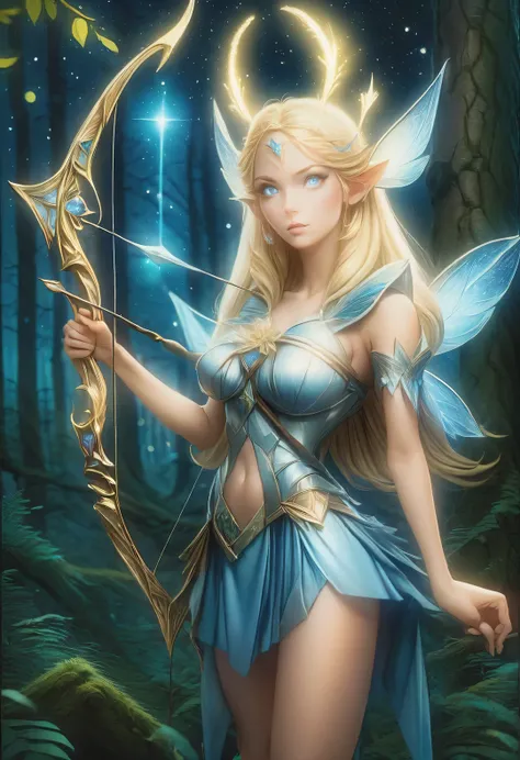 germanic mythological fairy tale princess full of hope，blonde, has slightly long pointed ears, with a bow and arrows, blonde hai...