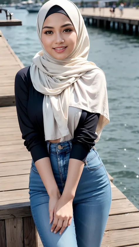 (Close up).RAW, Best quality, high resolution, work: 1.3, beautiful Malay woman in hijab, beautiful big eyes, smiling, beautiful face, shiny lips, soft smile, medium portrait, watery eyes, big breasts,thick thighs, woman walking on a pier , casual clothing...