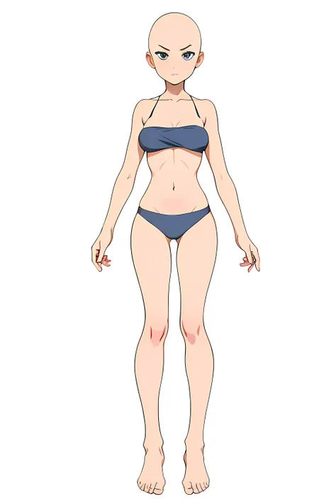 Best quality, a high resolution, very detailed, sharp clear, lines, Fraud, Young woman, gray mini bikini, long legs, bare feet,  big bald head, Neutral facial expression, Clear Eyes, slightly tanned skin, whole body.
