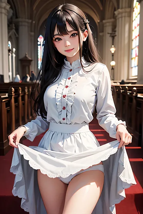 very cute and beautiful girl,(very detailed美しい顔と目:1.2), (smile:1.2),blush,black hair,cowboy shot,looking at the viewer, Classic Lolita dress in brown plaid with fine ruffles,(skirt lift,white panties), altar,church,indoors, (highest quality,masterpiece:1.2...