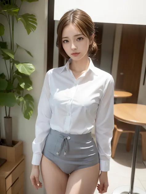 (business shirt, panties, thigh: 1.1), ((of the highest quality, 8K, masutepiece: 1.3, Raw photo)), Sharp Focus: 1.2, (1 AESPA Girl :1.1), (Solo: 1.15), (Realistic, Photorealistic: 1.37), (Face Focus: 1.1), Cute face, hyperdetailed face, Short messy hair, ...