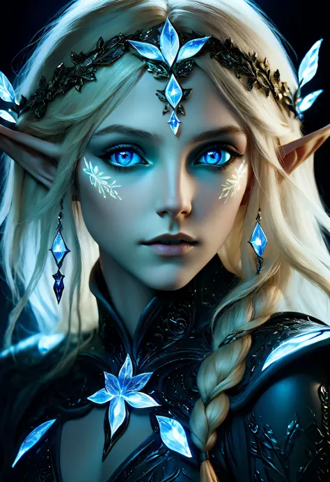 charming closeup portrait of nordic elf, blonde hair, blue eyes, exceptionally beautiful, minimalist, eternal melancholy, stylis...