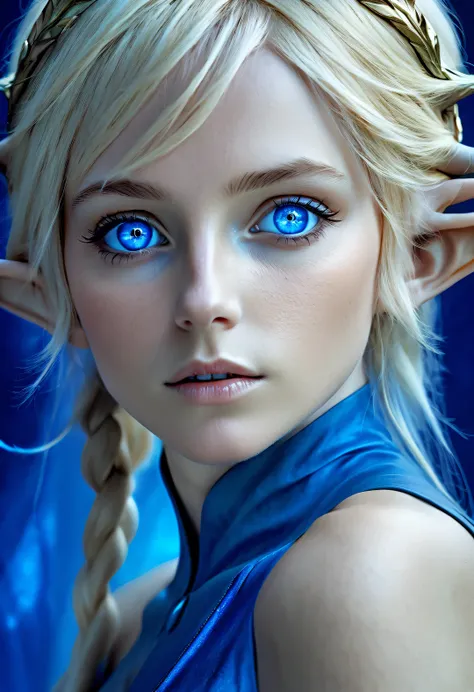 charming closeup portrait of nordic elf, blonde hair, blue eyes, exceptionally beautiful, minimalist, eternal melancholy, stylis...