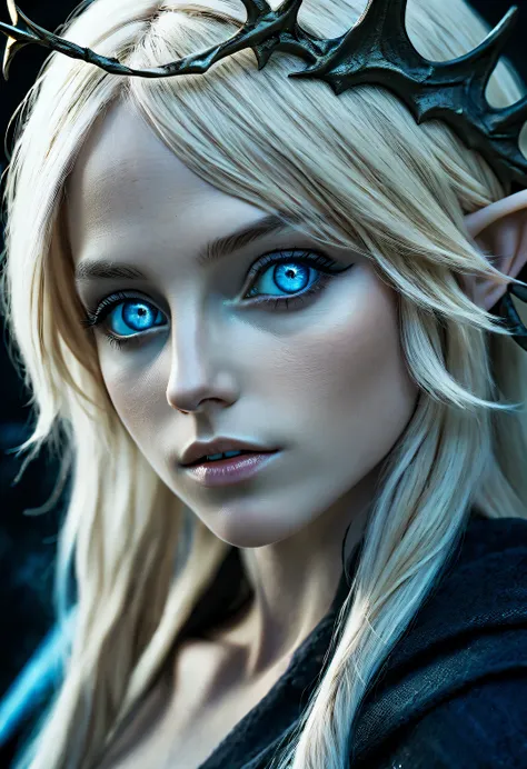 charming closeup portrait of nordic elf, blonde hair, blue eyes, exceptionally beautiful, minimalist, eternal melancholy, stylis...