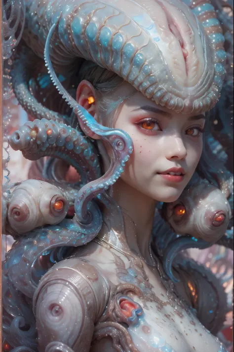 scary and sexy detailed art in color, portrait, (beautiful and obscene female alien:1.4), (vulgarity1.7), (she has red eyes with...