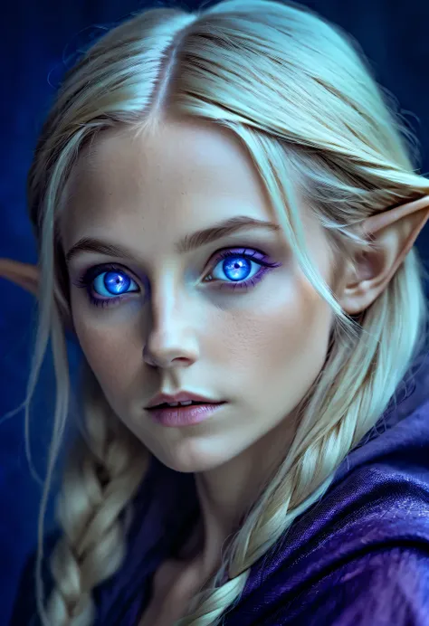 Charming closeup portrait of nordic elf, Blonde hair, blue eyes, Exceptionally beautiful, minimalist, eternal melancholy, Stylish photography style, Dramatic firefly light, purple to purple, Asymmetrical composition, concept fantasy, intricate details 