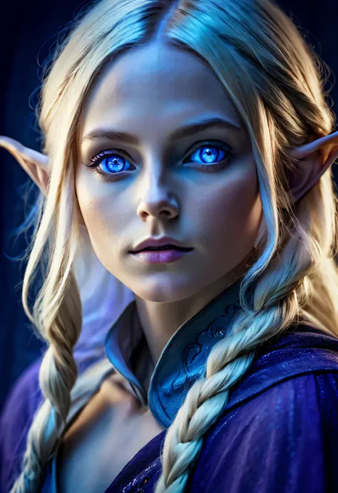 charming closeup portrait of nordic elf, blonde hair, blue eyes, exceptionally beautiful, minimalist, eternal melancholy, stylis...