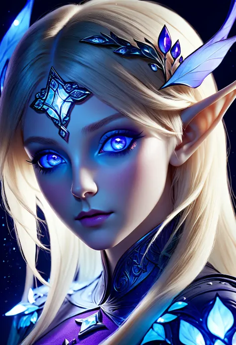 Charming closeup portrait of nordic elf, Blonde hair, blue eyes, Exceptionally beautiful, minimalist, eternal melancholy, Stylish photography style, Dramatic firefly light, purple to purple, Asymmetrical composition, concept fantasy, intricate details 