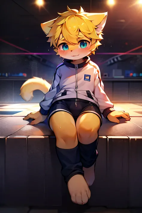 blue pupils, light hairy body, light furry tail, Boy cat，beautiful wallpaper，very beautiful yellow hair，P station popular styles，One role solo，Light and cute plush small long legal style，blush blush，Tight-fitting tracksuits and loose-fitting shorts，sweat a...