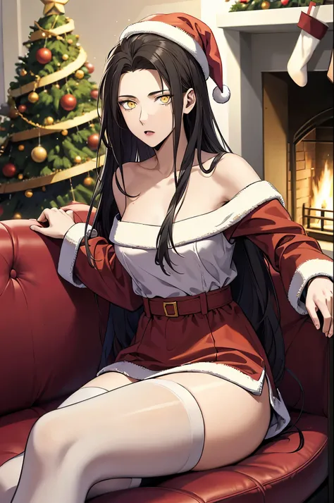 best quality, masterpiece, 1girl, christmas, santa outfit, santa hat, black hair, absurdly long hair, pale skin, yellow eyes, expressionless face, bokeh, flat chest, indoors, Christmas tree, fireplace, sofa, glow, sparkles, sitting, Christmas gifts, white ...