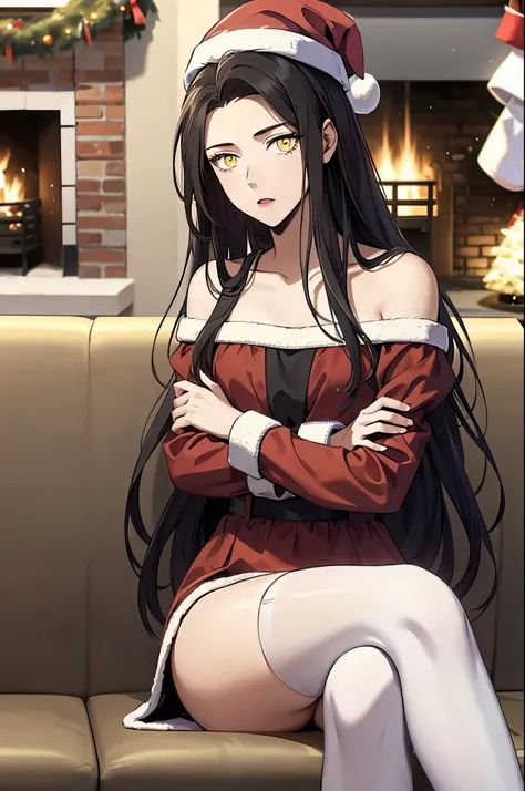 best quality, masterpiece, 1girl, christmas, santa outfit, santa hat, black hair, absurdly long hair, pale skin, yellow eyes, expressionless face, bokeh, flat chest, indoors, Christmas tree, fireplace, sofa, glow, sparkles, sitting, Christmas gifts, white ...