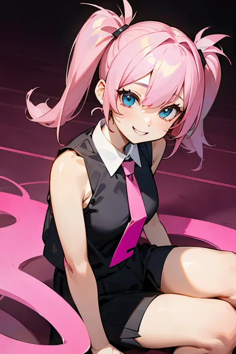 Girl with pink hair、twin tails、Black sleeveless shirt、pink tie、smiling、Sitting on the ground