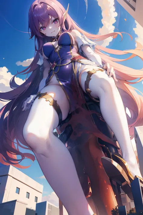 giant girl 50,000 feet high,， Have a pair of long legs，Possessing a pair of huge blood-red demon wings，And a pair of blood-red devil eyes，Has purple waist-length hair，Loose hair，Wearing a pair of high heels，Purple curly hair，A look of enjoyment，Standing ta...