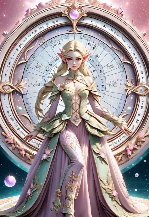 A beautiful norse mythology elf，With birth chart background, astrological symbols, zodiac signs, planet, baroque concrete work, pink scene, ethereal portrait, Rococo style details, soft and dreamy depictions, female emotions, Meticulous attention to clothi...