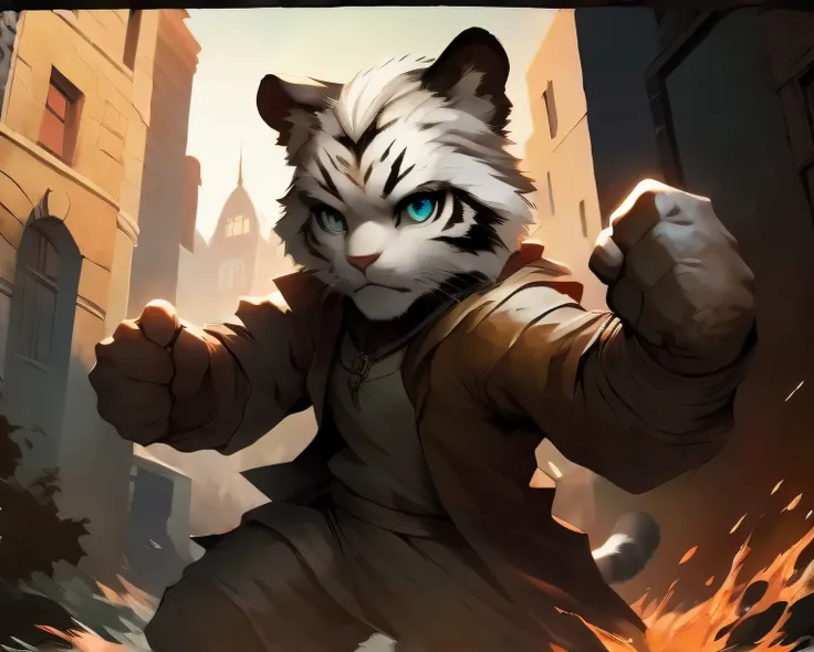 The streets of London at the beginning of the twentieth century，White Tiger，boys，white hair，Wearing a gray trench coat，bright morning sunshine，Bright and intelligent eyes，splash art，fist fighting stance，masterpiece，high quality，clear structure，Clear line b...