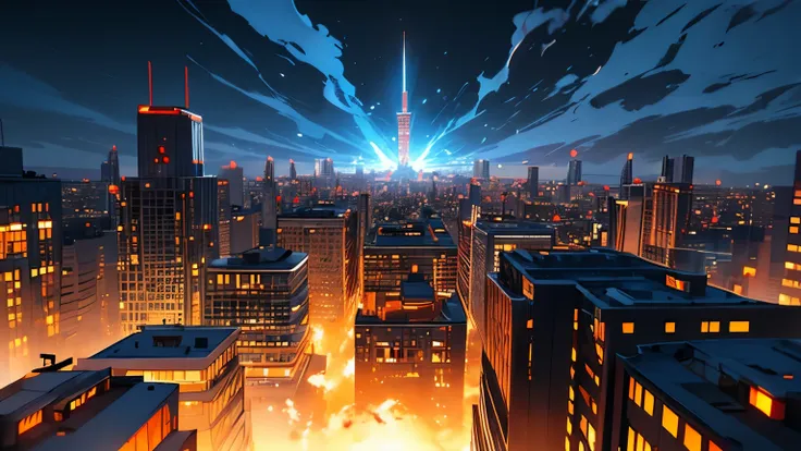 Create a visually stunning and immersive cinematic anime shot of a burning city. The scene should be portrayed from an aerial perspective, capturing the view from above. Pay attention to fine details, ensuring that the city appears to be engulfed in flames...