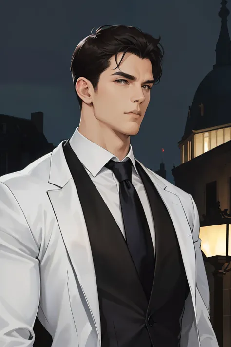 (absurdres, highres, ultra detailed, realistic, ), 1 male, solo, , mature, tall muscular guy, broad shoulders, handsome, very short hair, black hair, brown eyes, angular jaw, thick neck, thick eyebrows, night, dark, the night view of the city background, f...