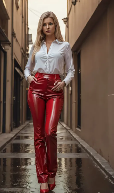 ( 
    (Character: one Diplomat woman, Caucasian, green eyes, long and straight blonde hair, medium build) 
    (Clothing:  elegant blouse, red latex pants, polished shoes)
    (Pose: full body shot:1.7, Standing tall, one hand on the hip, confident)
    (...