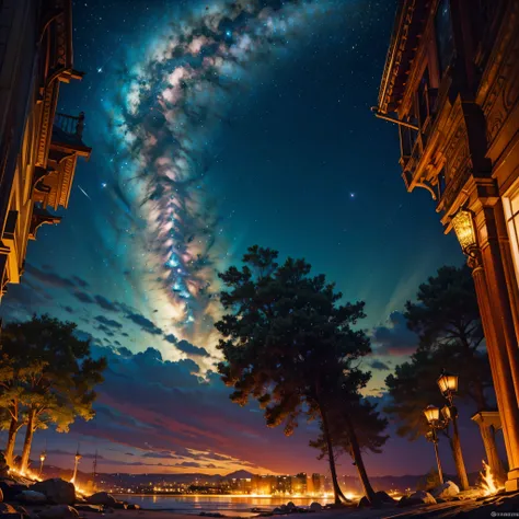 galaxy colorgalaxy stars spacious nebula starry_sky Sunset Colorful SunRise panoramic sunshine, themoon， optic， fanciful，It was dark，storming，salama，in a panoramic view，Photos taken from video games in large cities with a large population, an ancient city ...