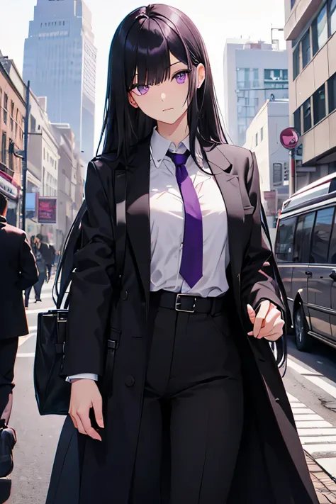 long black hair, purple eyes, young woman, casually, High, coat, suit