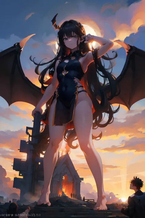 giant girl 50,000 feet high，has a pair of huge devil wings，has black waist-length hair，loose hair，wearing a pair of high heellac...