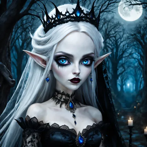 Gothic,portrait,night elf queen,sharp focus,blue eyes,Flowing white hair,Salient features,Detailed lips,pale skin,,mystery的微笑,thorn crown,exquisite jewelry,long and pointed ears,charming的目光,black lace dress,veil,Moonlight Garden,Forest background under moo...