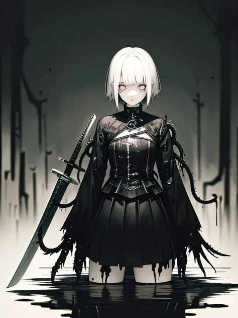 (dark biopunk art), ((hopeless tentacle horror fantasy)), dark anime girl, short white hair, ((dark black liquid eyes)), black wounds, ((broken massive broad sword)), broken steel skirt, (cracked long iron skirt), broken breastplate, black oil fluids, deva...