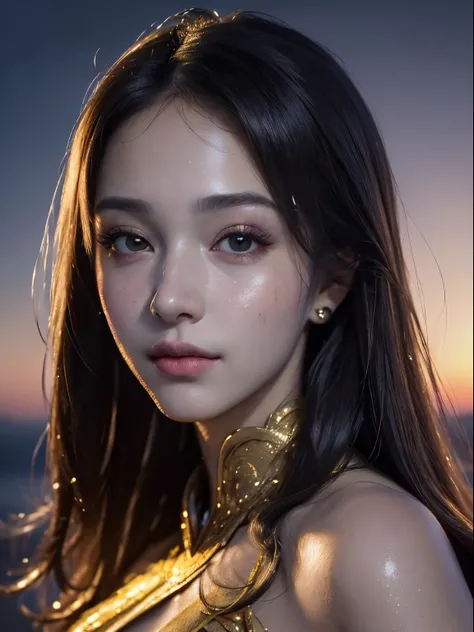 best quality, masterpiece, ultra high resolution, (Realistic portrait:2), 1 girl, nose, superwoman evening gown,Oily and shiny skin, Beautiful and delicate face, deep shadow, Detailed face, exquisite eyes, Oily and shiny skin, Sunset