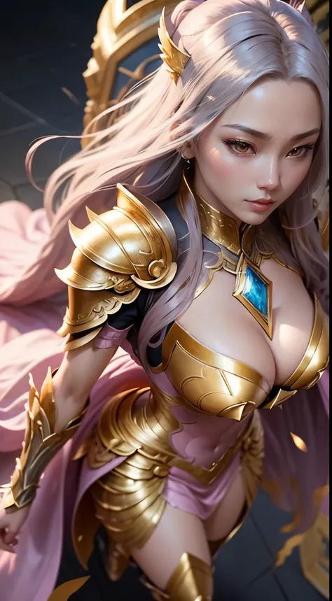 a close up of a woman in a silver and gold pink dress, flying, full body, chengwei pan on artstation, by Yang J, detailed fantasy art, stunning character art, fanart best artstation, epic exquisite character art, beautiful armor, extremely detailed artgerm...