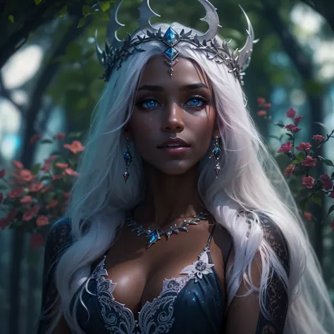 night elf queen,portrait,sharp focus,blue eyes,Flowing white hair,Salient features,Detailed lips,dark skin,mysterious smile,thorn crown,exquisite jewelry,long and pointed ears,charming gaze,black lace dress,veil,Moonlight Garden,Forest background under moo...