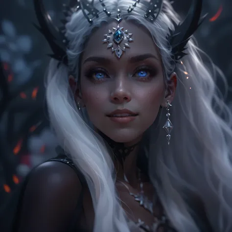 night elf queen,portrait,sharp focus,blue eyes,flowing white hair,salient features,detailed lips,dark skin,mysterious smile,thor...