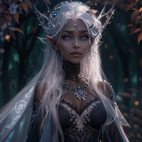 night elf queen,portrait,sharp focus,blue eyes,Flowing white hair,Salient features,Detailed lips,dark skin,mysterious smile,thorn crown,exquisite jewelry,long and pointed ears,charming gaze,black lace dress,veil,Moonlight Garden,Forest background under moo...