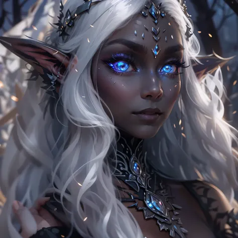 night elf queen,portrait,sharp focus,blue eyes,flowing white hair,salient features,detailed lips,dark skin,mysterious smile,thor...