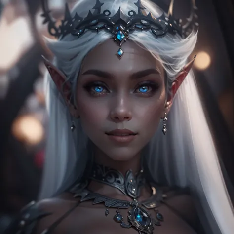 night elf queen,portrait,sharp focus,blue eyes,Flowing white hair,Salient features,Detailed lips,dark skin,mysterious smile,thorn crown,exquisite jewelry,long and pointed ears,charming gaze,black lace dress,veil,Moonlight Garden,Forest background under moo...