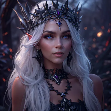 night elf queen,portrait,sharp focus,blue eyes,flowing white hair,salient features,detailed lips,dark skin,mysterious smile,thor...