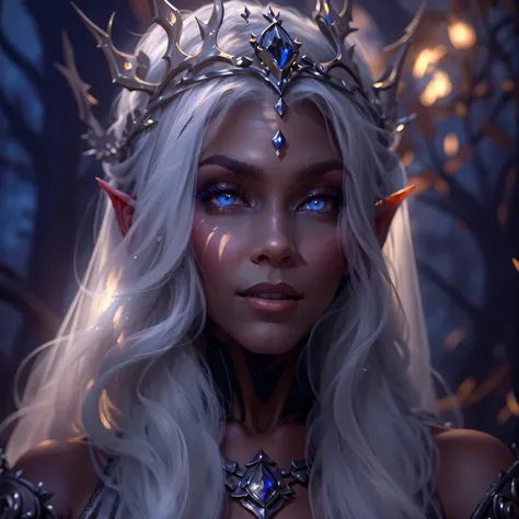 night elf queen,portrait,sharp focus,blue eyes,Flowing white hair,Salient features,Detailed lips,dark skin,mysterious smile,thorn crown,exquisite jewelry,long and pointed ears,charming gaze,black lace dress,veil,Moonlight Garden,Forest background under moo...